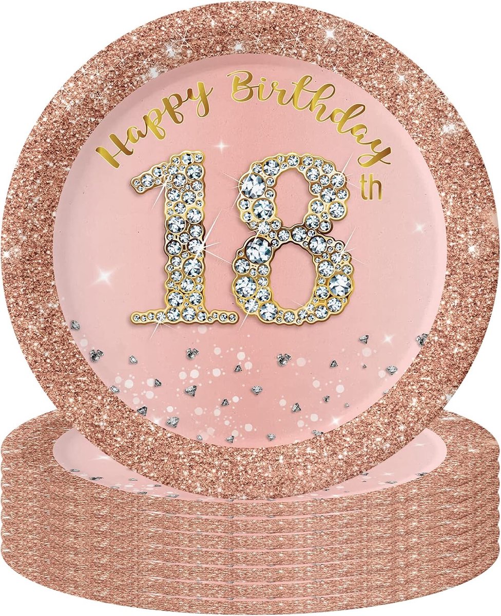 16 stuks 18e verjaardag roségouden papieren borden 7 inch, 18e roségouden papieren borden voor meisjes, Happy 18e verjaardag servies decoraties voor haar, meisjes, 18e verjaardagscadeaus
