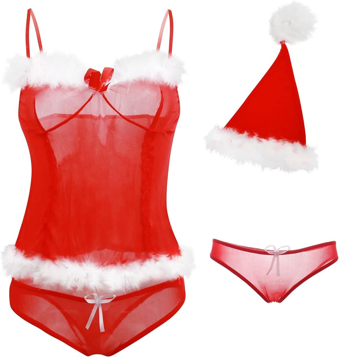 Charmant kerstkostuum voor dames, sexy lingerie outfit, 3-delige set voor feestelijke gelegenheden, One Size