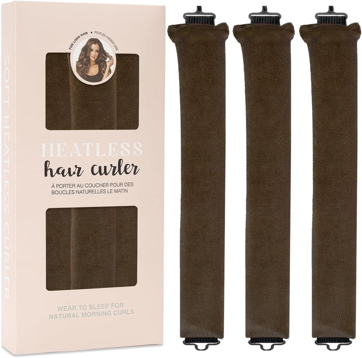 3PCS Heatless Curlers, Haarrollers Heatless Curlers Hoofdband Haarkrullers Geen warmte Overnachting Krullen voor Lang Haar(Bruin-doos)