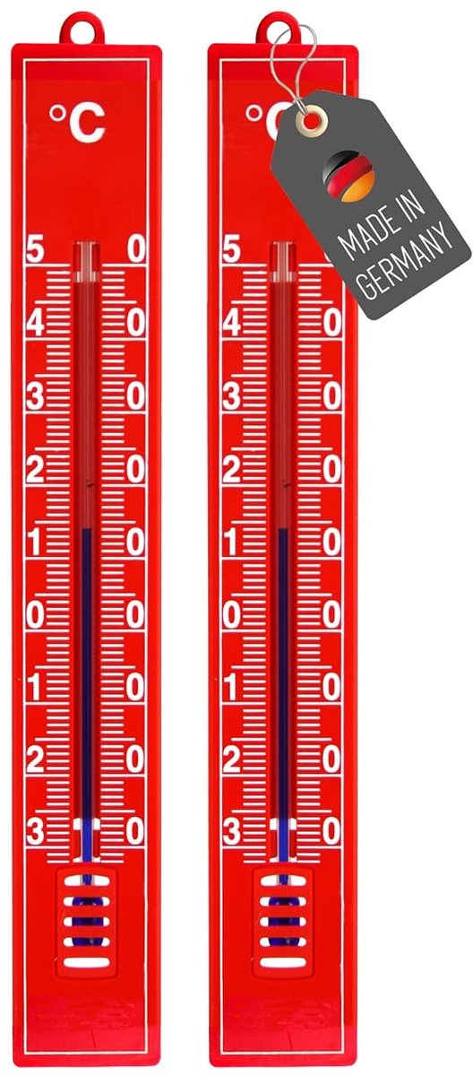 Set van 2 tuinthermometers, rood, temperatuurweergave van -30 °C tot 50 °C, analoge kunststof thermometer, 18 cm, weerbestendig, voor buiten, binnen en tuin, buitenthermometer (rood)