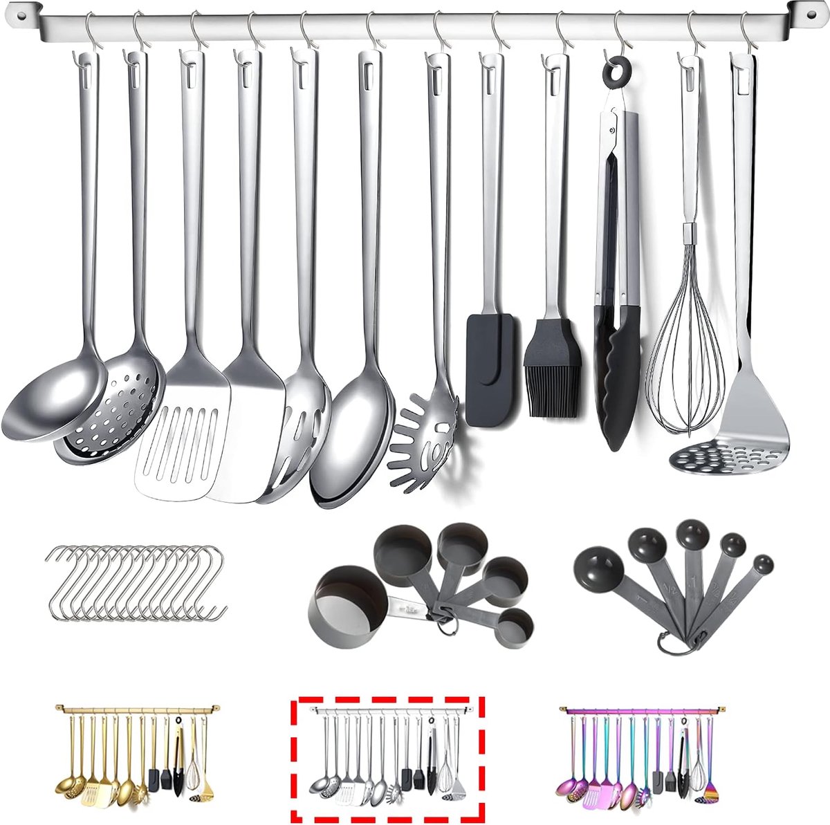 staal kookgerei set, Kyraton 37 stukken keukengerei set, keuken gadgets kookgerei set, keuken gereedschap set met keukenhouder Non-Stick en hittebestendig.Vaatwasser veilig, gemakkelijk schoon te maken