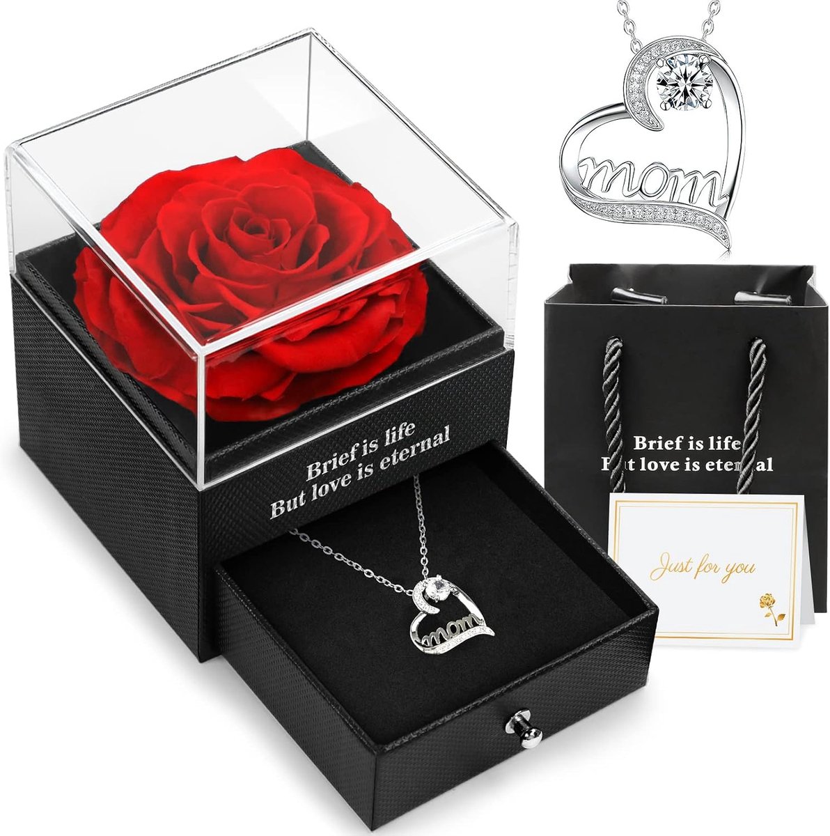 Moederdagcadeaus voor mama, eeuwige echte roos met 'Mom' ketting, geconserveerde roos, eeuwige bloem, cadeaus voor moeder, verjaardagscadeau mama