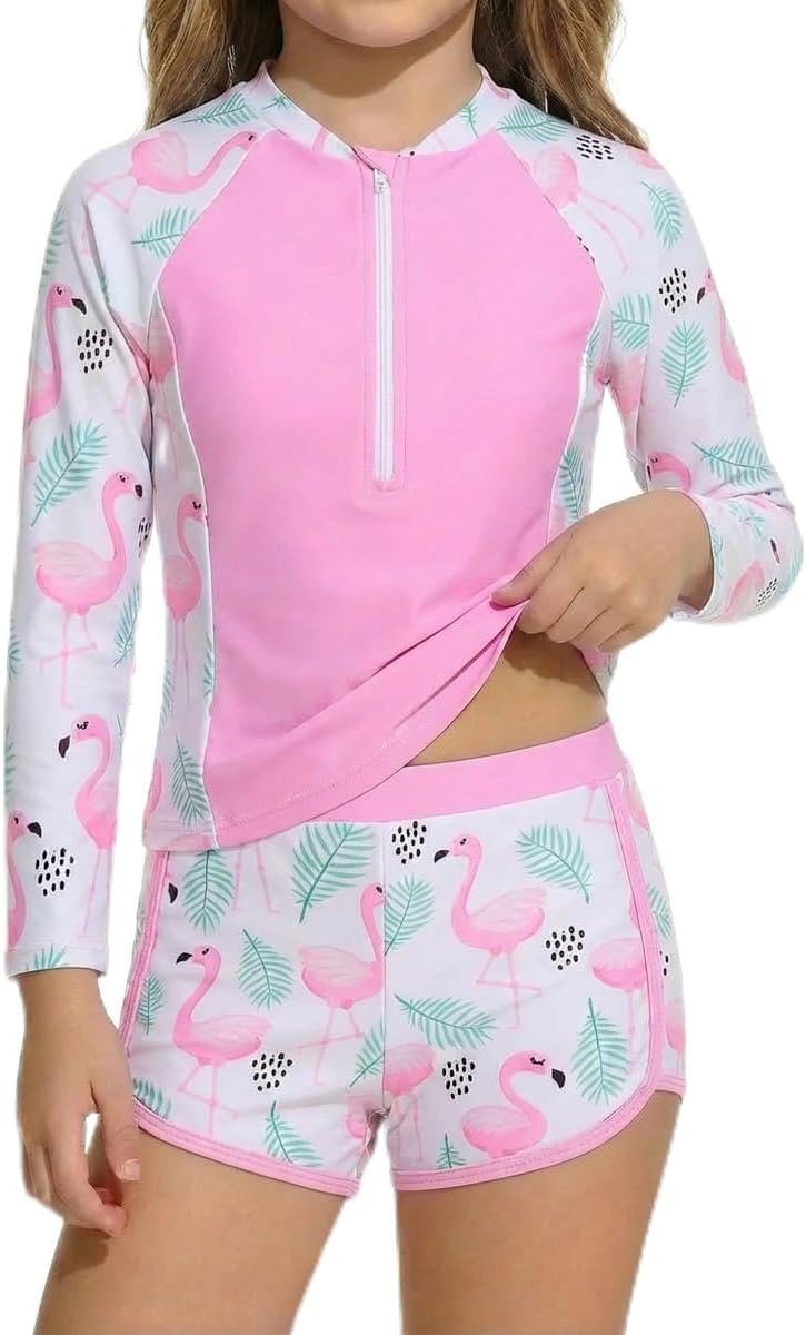Badpak voor meisjes, tweedelig, lange mouwen, rashguard-set met shorts, halve rits, sportief badpak met print, voor kinderen en meisjes van 3-12 jaar