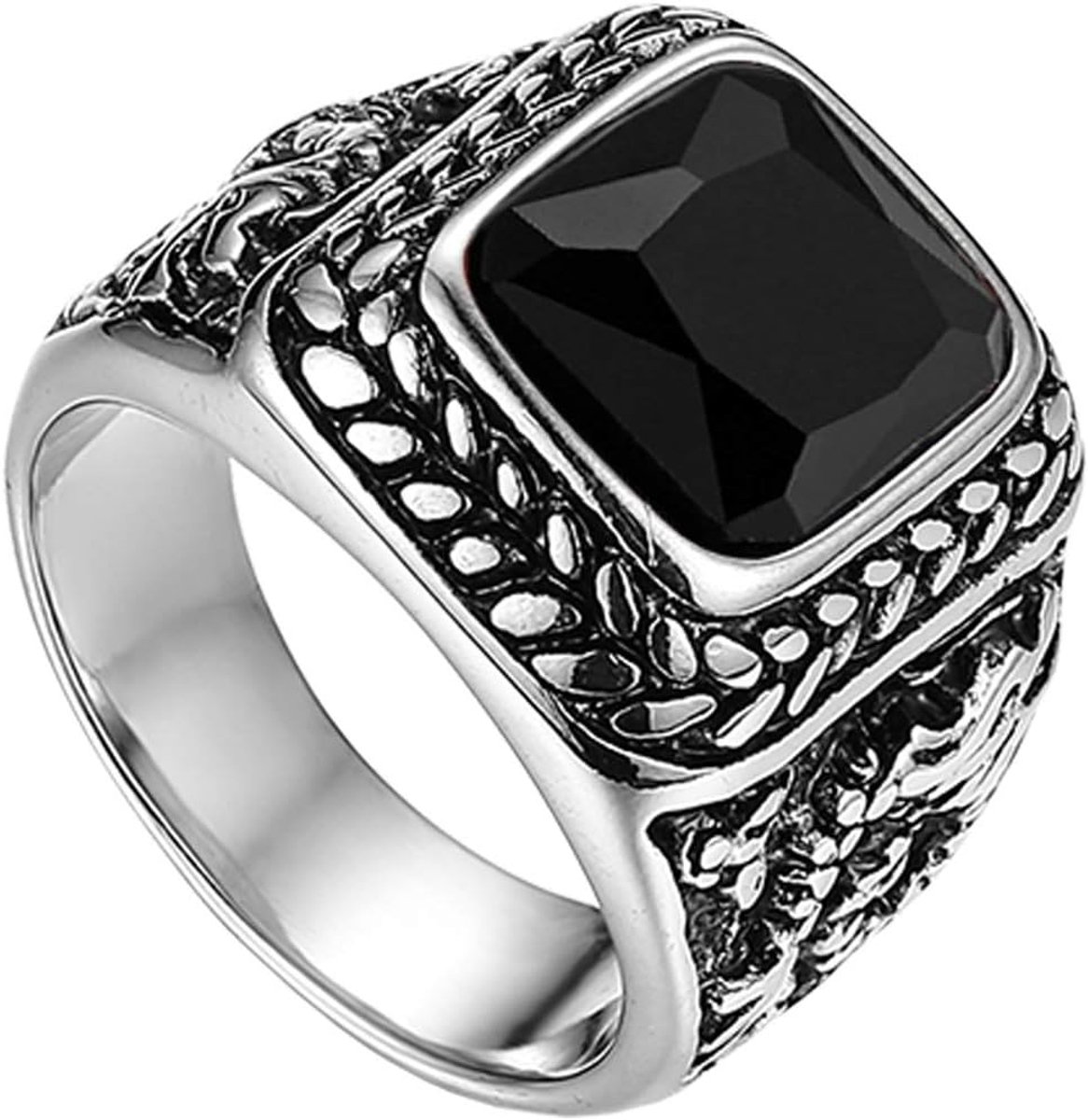 Herenring voor heren, duimring, bandring, zegelring met glas, edelsteen, zilver, rood, zwart, blauw, draak, snijwerk, klassiek, retro bedel, herenaccessoires