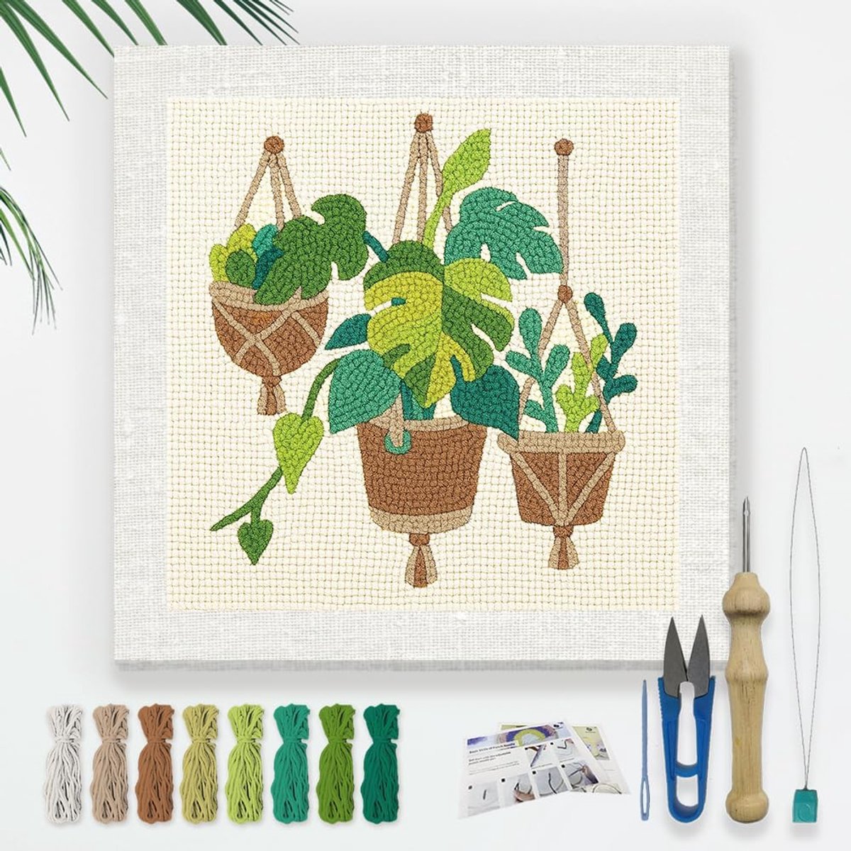 3 Hangende Monstera DIY Punch Naald Borduurset voor Volwassen Beginner, 24 cm Potplant Punch Stikken Craft Set voor Starter met Frame, Stof Patroon, Threader, Garen, Punch Naald