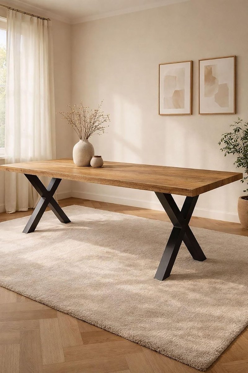 Home Rechthoekige Eettafel 180 cm Mangohout – Zwart Metalen X-Poot – Industrieel – 6-8 Personen