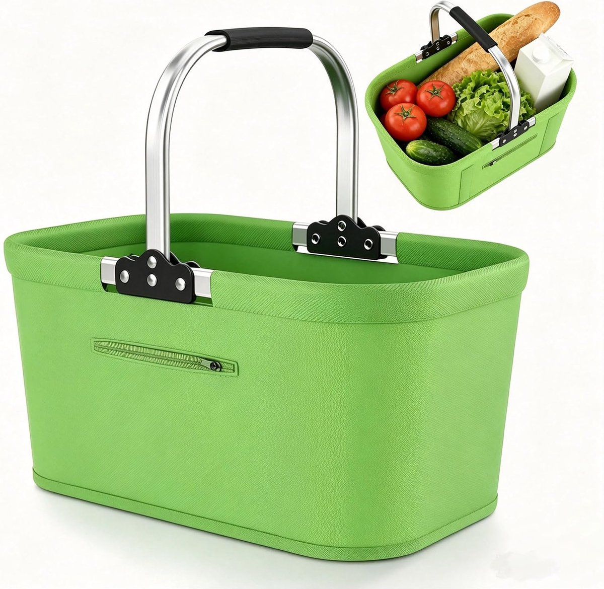 Boodschappenmand, opvouwbaar, 30 liter, grote boodschappenmand, picknickmand, draagmand, praktische klapmand, boodschappentas met aluminium stangen, draaggrepen, familie-boodschappentas voor camping
