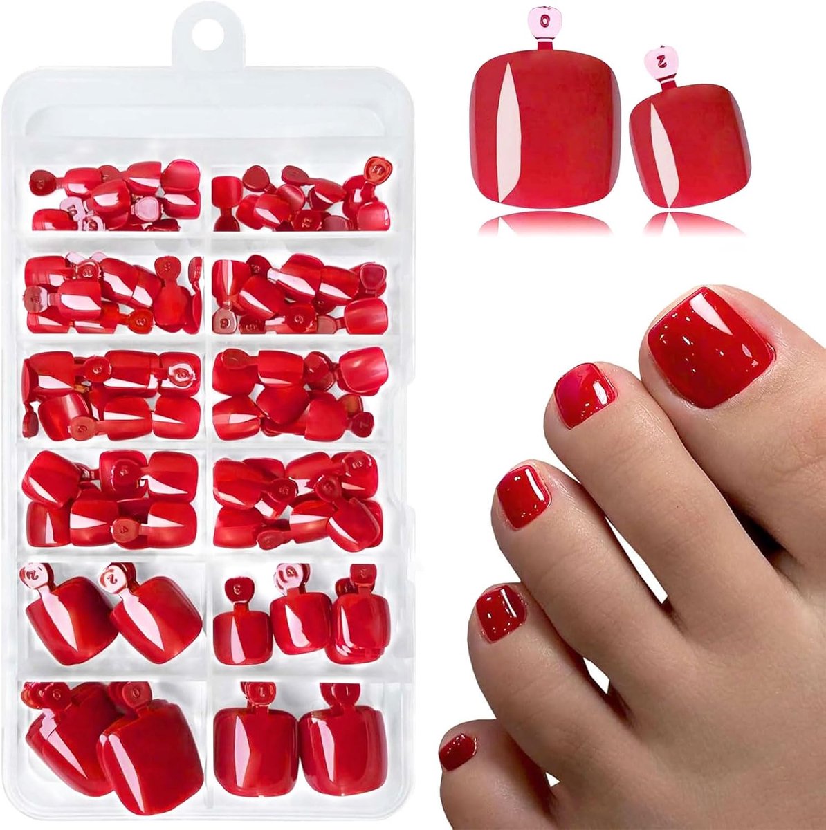 120 stuks rode opdrukbare teennagels, plakbare teennagels met lijmplaatjes, rode kunstmatige teennagels om op te drukken en te plakken