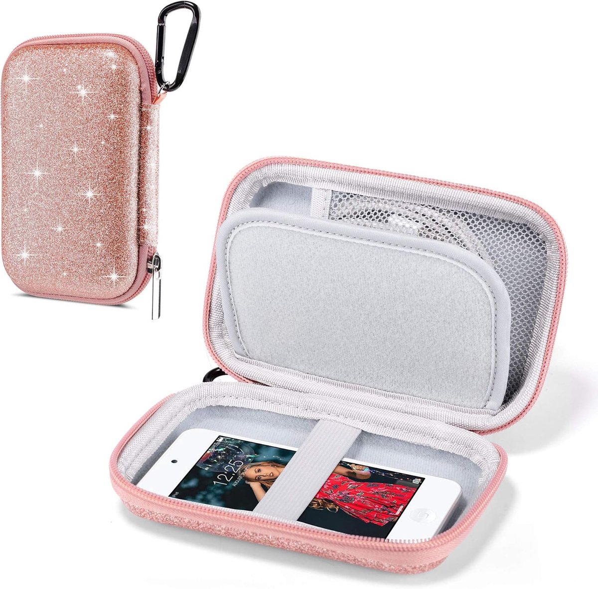 MP3-Speler geval, Glitter Hard Travel Hoesje Beschermende Opbergtas voor Bluetooth MP3/MP4-Spelers/Oortelefoon/iPod Touch - Roze Glitter