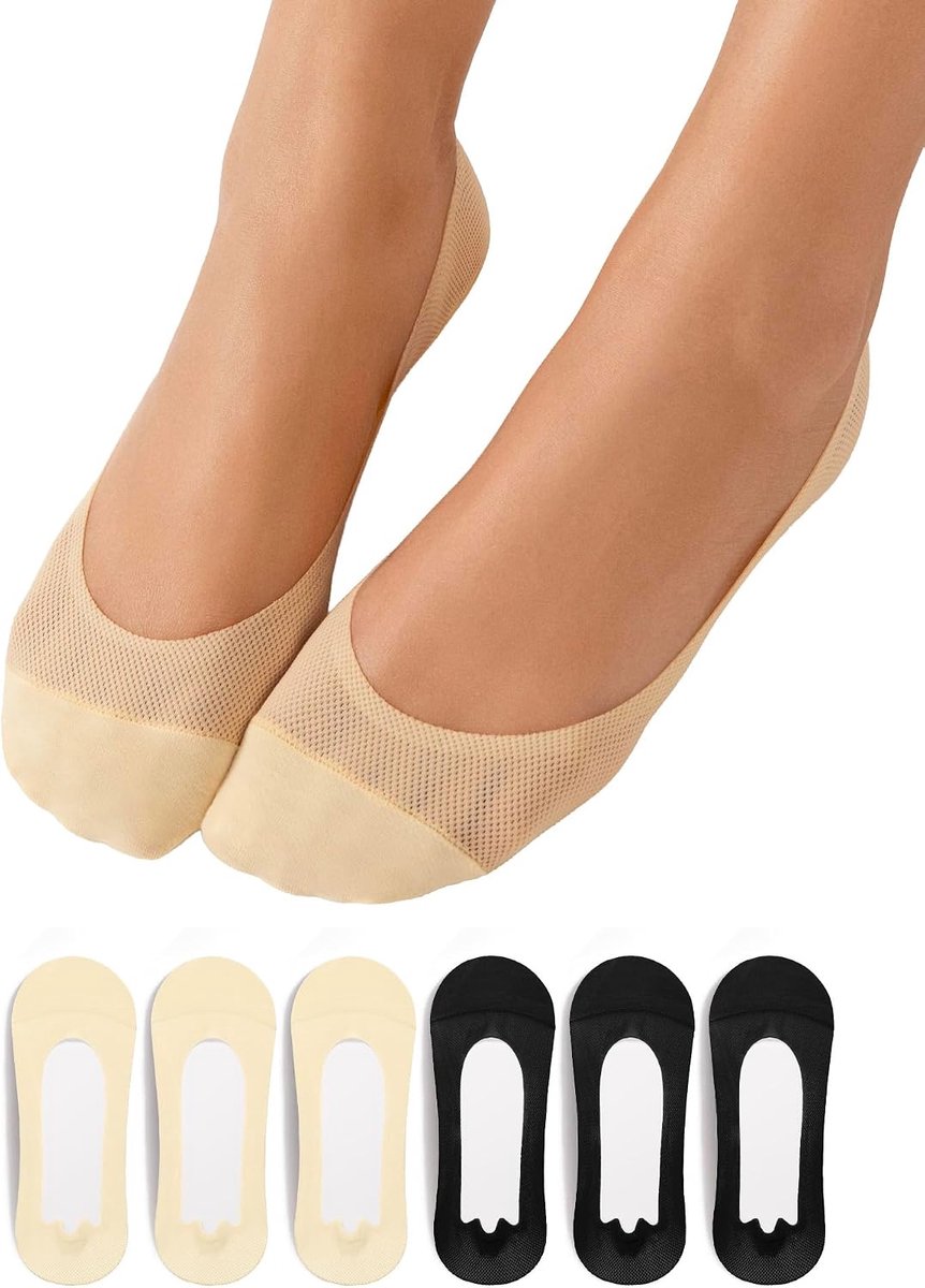 Sokken, 6 paar, ultra-laag, onzichtbare antislip, katoen, ademend, dunne loafer, platte sokken