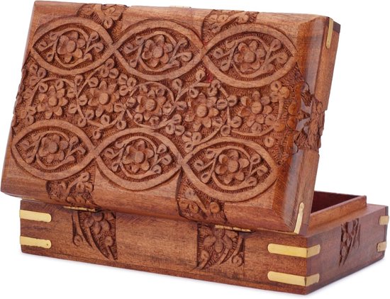 Handgesneden Houten Decoratieve Bloemensnijwerken Multifunctionele Opbergorganizer Aandenken Sieradendoos 8 x 5 inch — afbeelding 4