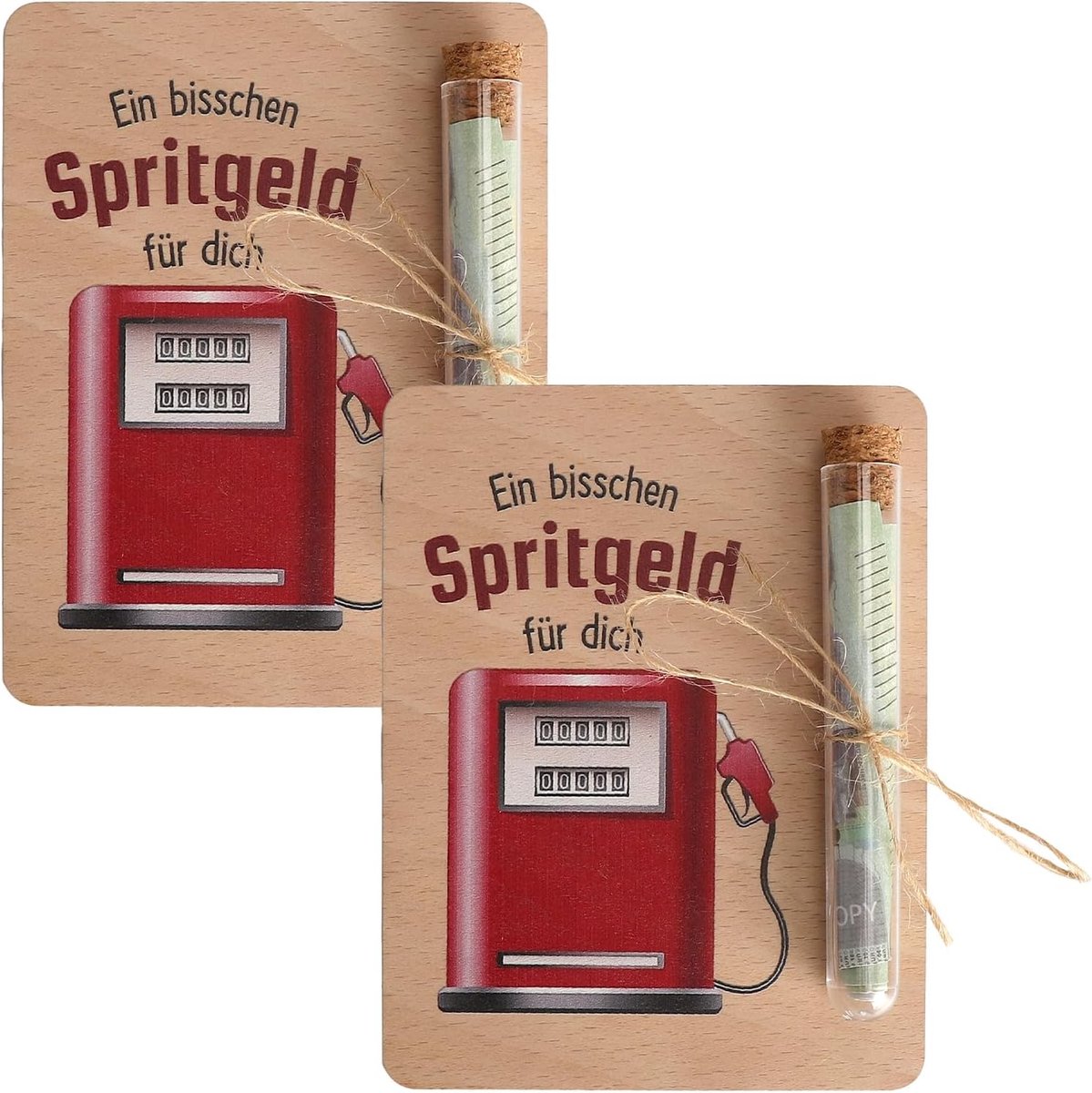 cadeau, tankcadeaubon, geldgeschenk, hout, 10 x 13 cm, met reageerbuis, creatief geldgeschenk, reageerbuis voor het bewijs van het rijbewijs