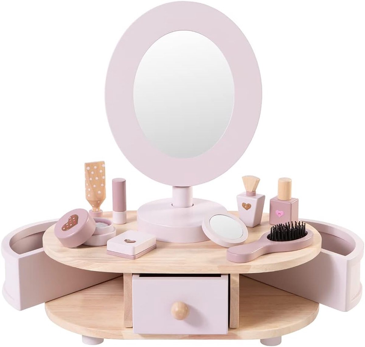SnelShoppen - Kinder Make-up Tafel van Hout met Spiegel, 8 Stuk Houten Accessoires, Opbergvakjes en Hart Stickers voor Creatief Speelplezier