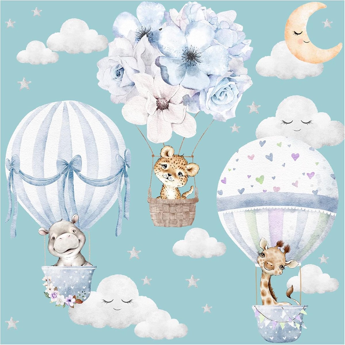 SnelShoppen - Muurstickers Dieren en Luchtballonnen voor Kinderen - Wanddecoratie Baby- en Speelkamer 79x51 cm - Leuk voor Jongens en Meisjes