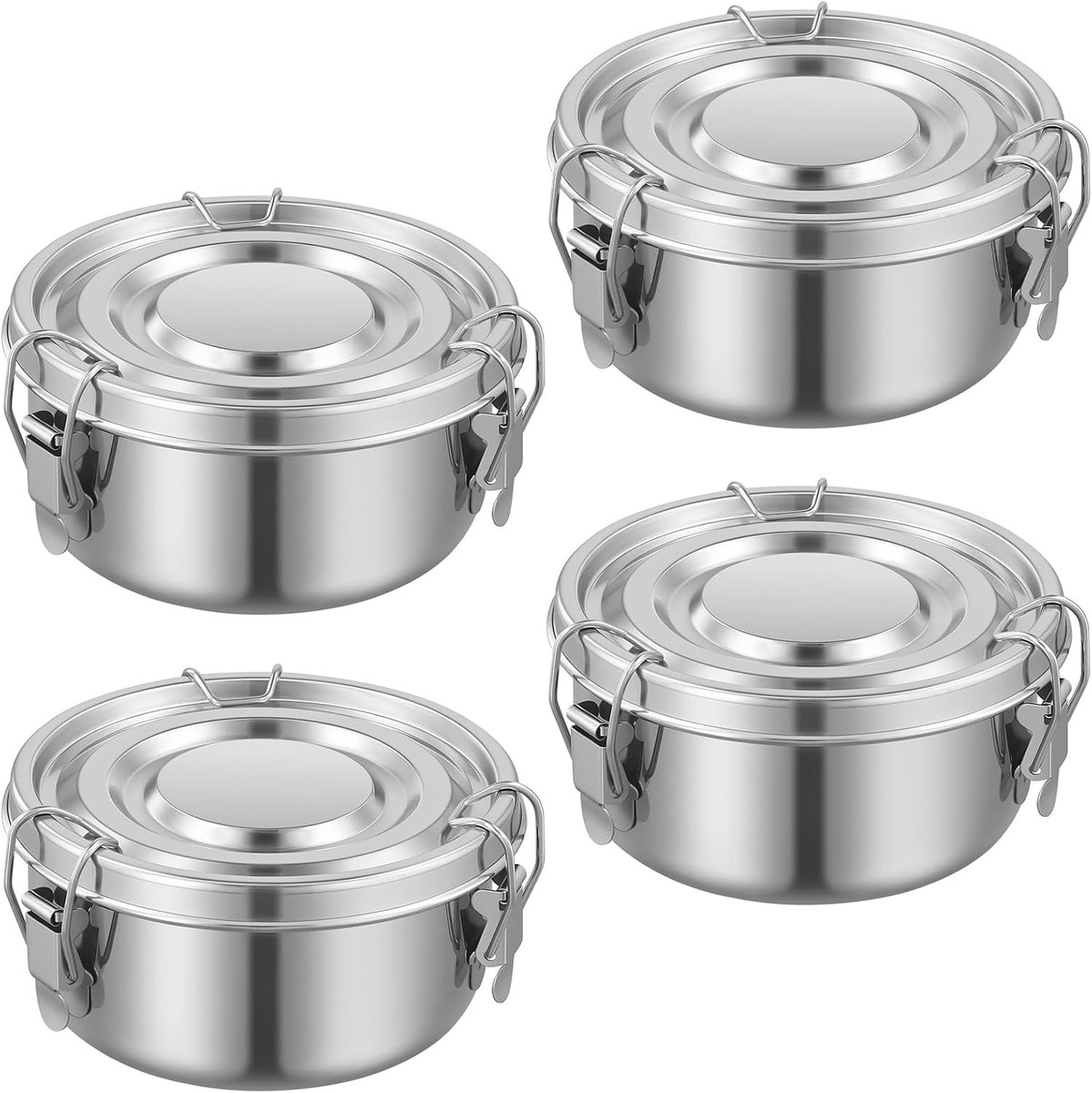 Bento Box 4-delige set, roestvrij staal, 360 ml, rond, zilver, 304, lekvrij, met deksel, lunchbox, stalen container, 10 x 5,5 cm roestvrij stalen doos voor werk, reizen, picknick