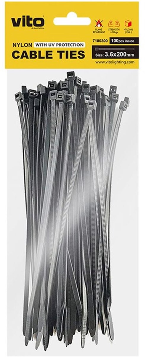 VITO Kabelbinder 3.6x200mm - Zwart - Met UV-bescherming - 100 stuks - duurzame Kunststof Kabelklem - Voor buitengebruik