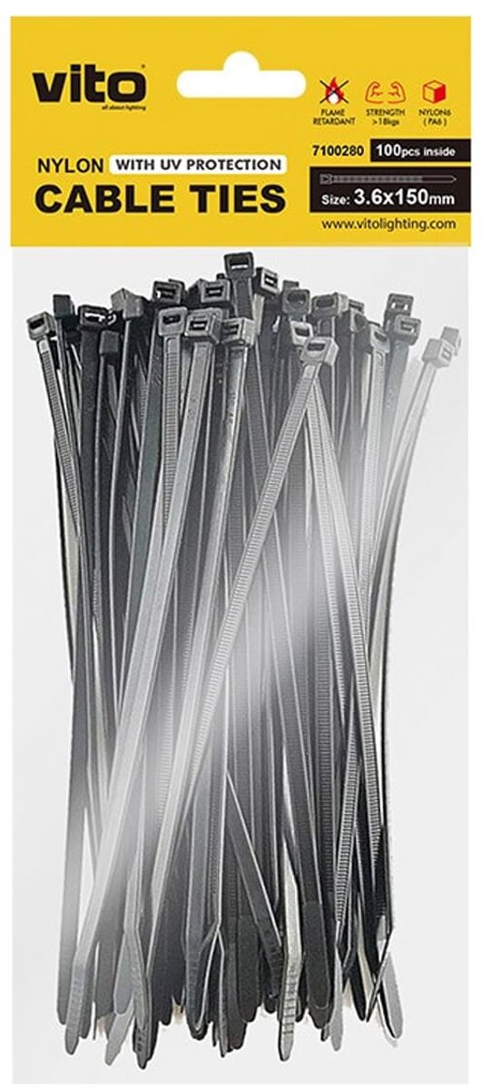 VITO Kabelbinders 3.6x100mm - Zwart - Met UV-bescherming - Kunststof Kabelklemmen - 100 stuks in blister verpakking - Voor buitengebruik