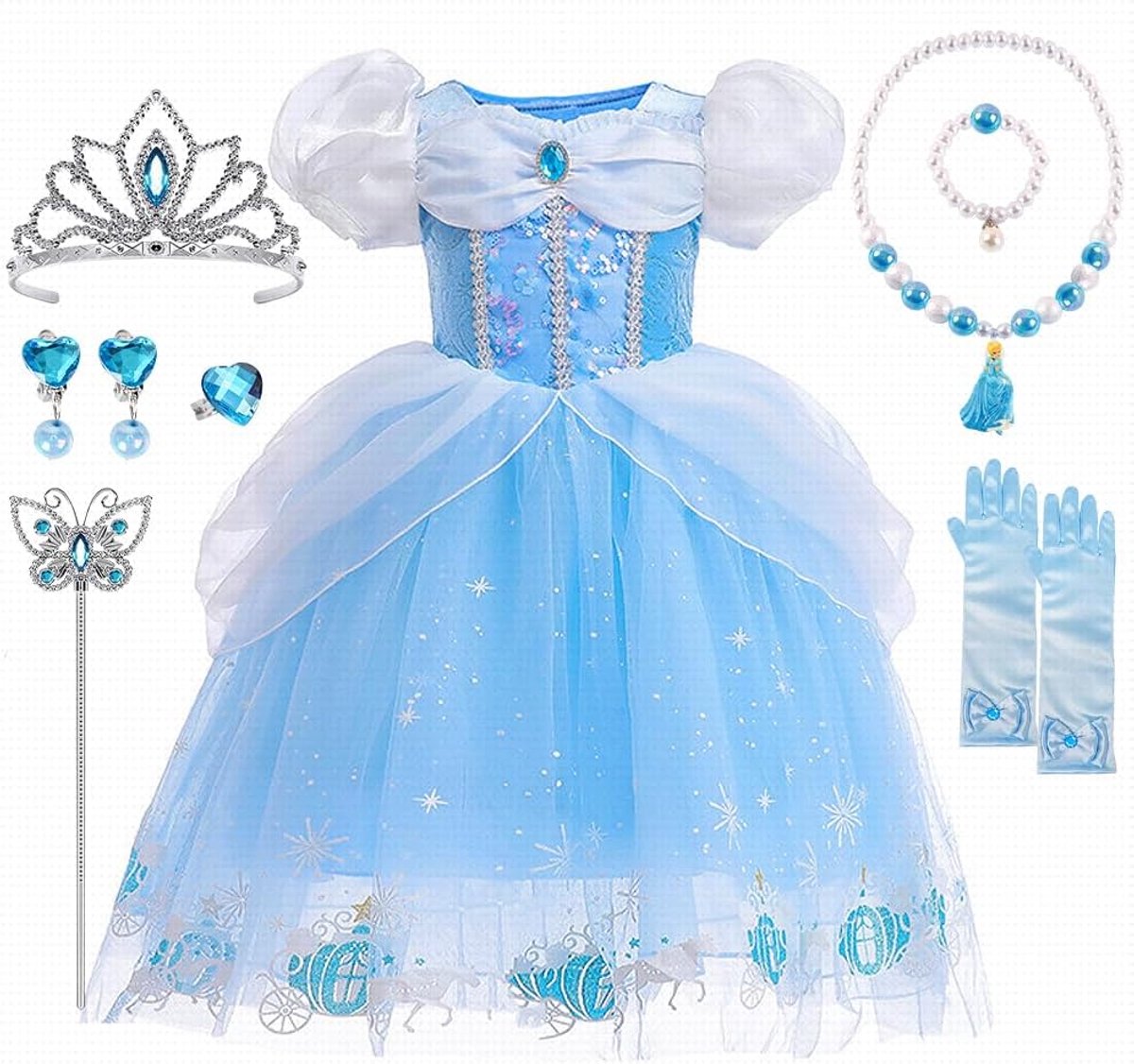 Prinsessenkostuum voor Meisjes, Assepoester Jurk Met Kroon en Halsketting, Carnaval Kostuum voor Kinderen, Cosplay