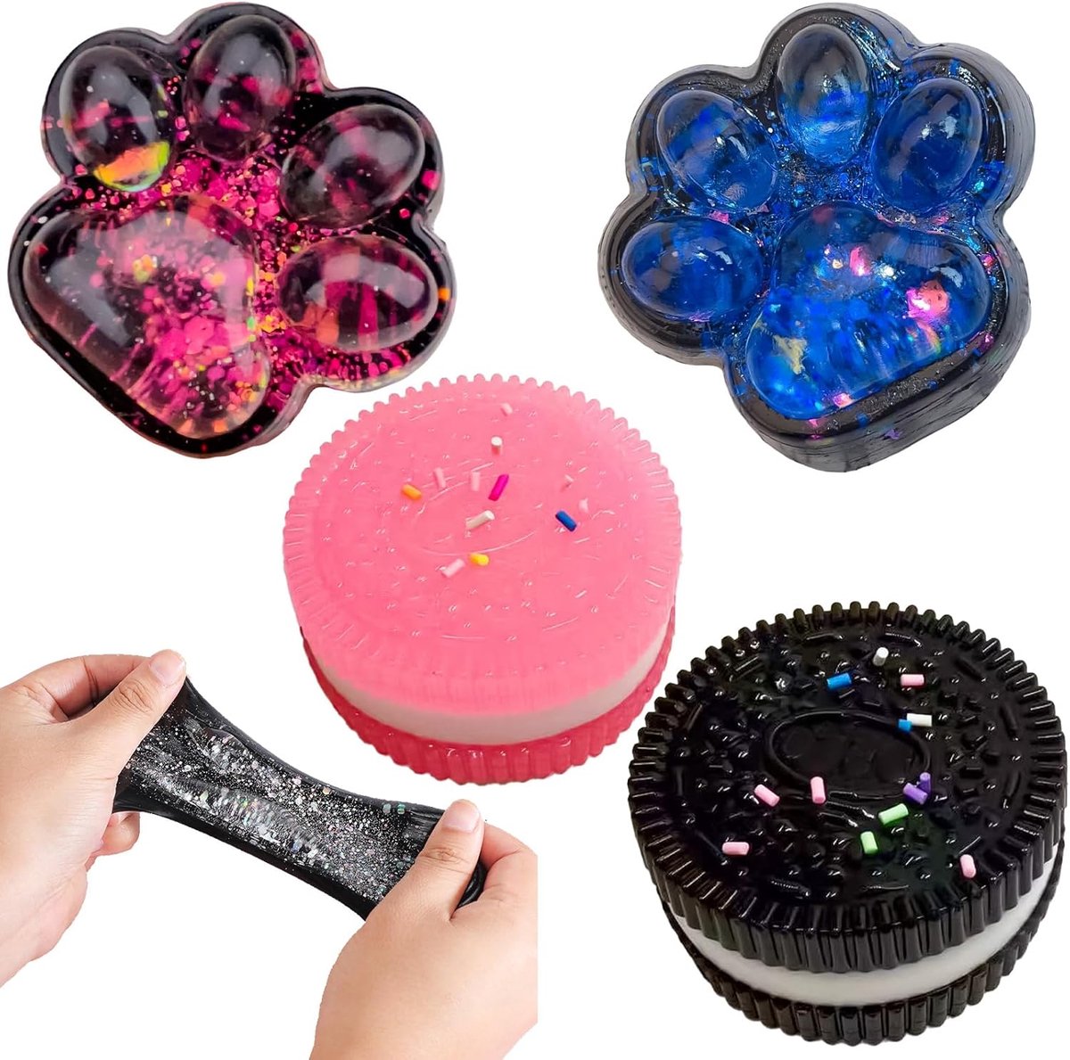 2 Stressverlichtende koekjesspeeltjes en 2 x kattenpoot-squishy (Taba Squishy, ​​​​Oreo Squishy, ​​​​zachte kattenpoot-squishy, ​​​​kattenpoot-knijpspeeltje), stressverlichtende friemelspeeltjes