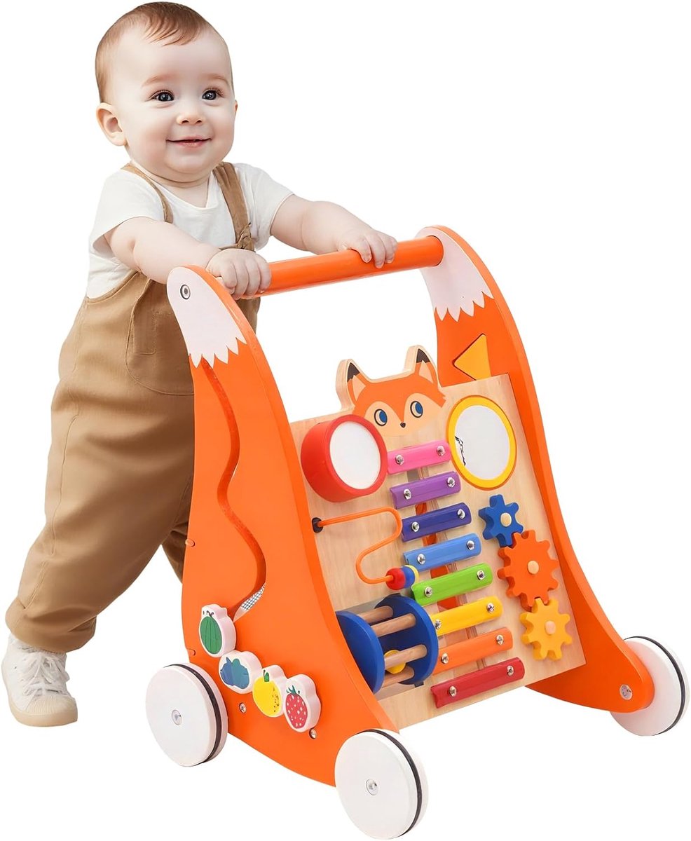 Rollator voor babyspeelgoed 1 jaar, houten speelgoed met muziek en vormclassificatie, Montessori-speelgoed, houten rollator, cadeau voor jongens en meisjes.