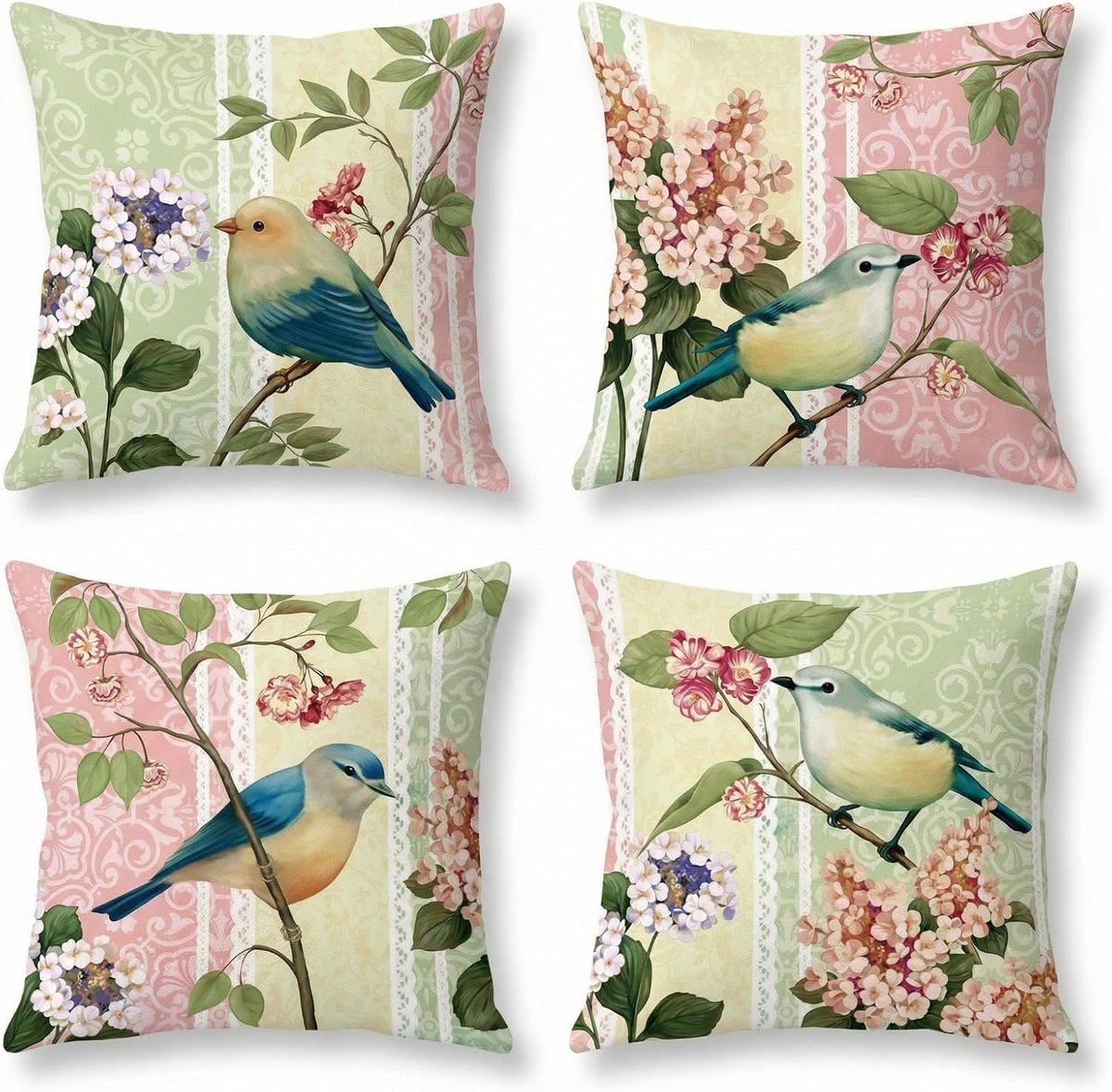 SnelShoppen - Kussensloop 45 x 45 cm - 4 Stuks Bloemen Tak en Vogels - Decoratief Vierkant van Linnen - Voor Bank Woonkamer Slaapkamer - Elegant en Du