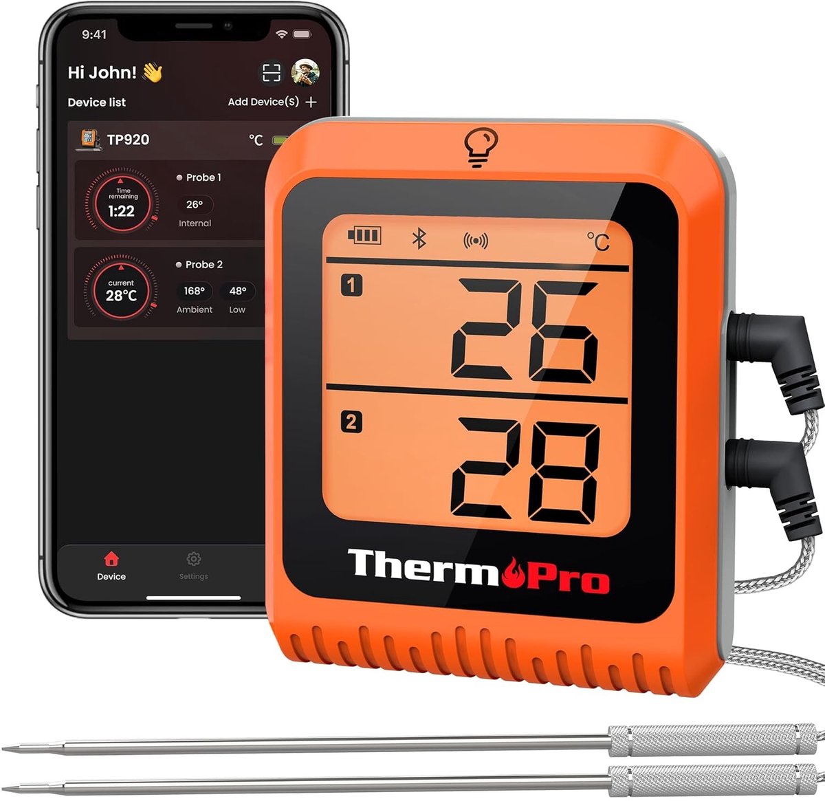 Bluetooth-vleesthermometer - Draadloos - 150m Bereik - 2 Temperatuursondes - Voor Barbecue en Grillen