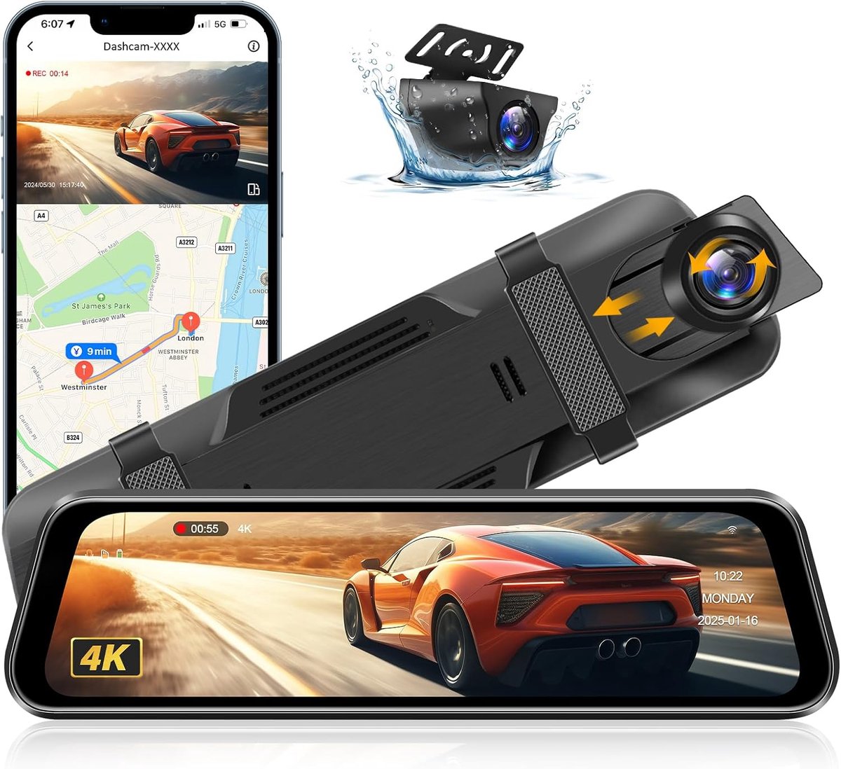 4K Dashcam met WiFi 10 Inch Spiegel Dashcam met Achteruitrijcamera 170° Groothoek Dashcam Auto Spiegel voor Achter Dashcam Achteruitkijkspiegel met WDR Nachtzicht Omkeerlijn Loop-opname G-Sensor
