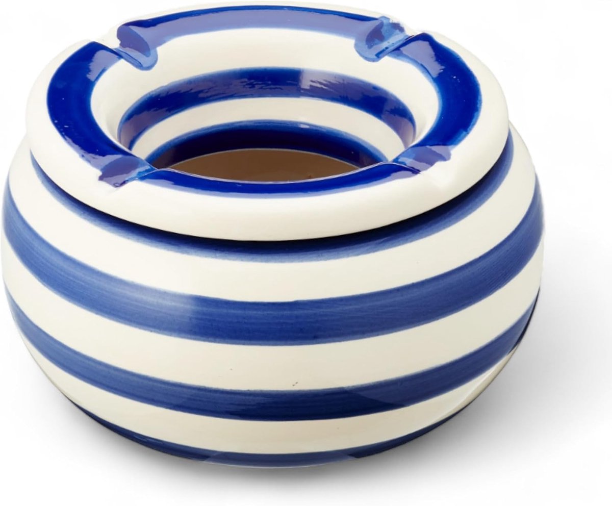 Stormasbak, windasbak van dolomiet, keramische tafelasbak met deksel, weerbestendig, voor binnen en buiten, blauw-wit gestreept, diameter 11 cm