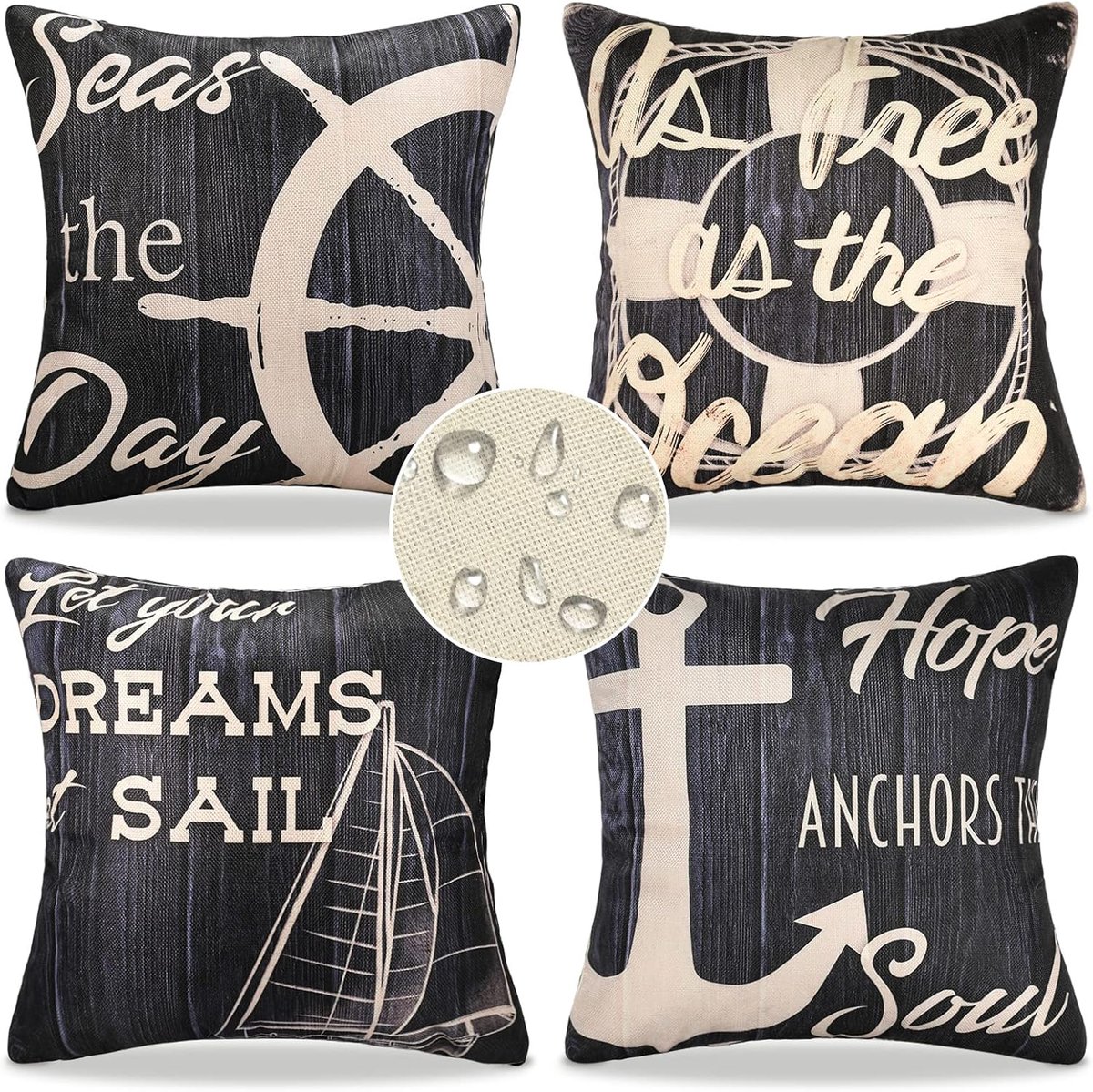 SnelShoppen - Set van 4 Waterdichte Kussenhoezen Outdoor Linnen Decoratieve Kussenhoezen Nautische Anker Zeilboot Redder Ring Patroon Sofa Kussen Deco