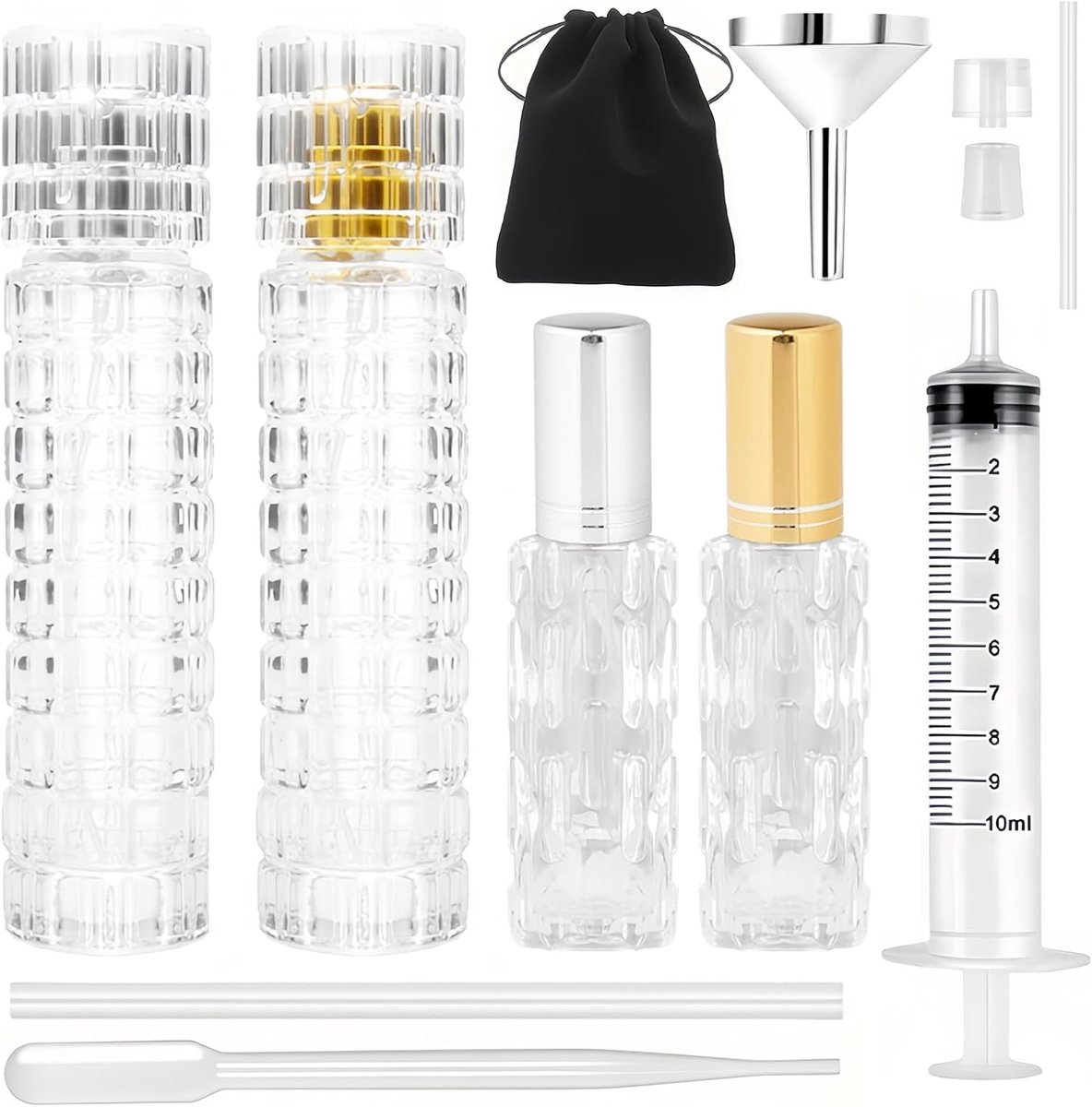 4 Stuks Mini Draagbare Aftershave Reisfles Set 8ml & 30ml met 7 Accessoires, 2 x Reisparfum Atomiser Navuldbaar 8ml + 2 x Glas Parfum Spray Fles 30ml Geur Decanter voor Portemonnee