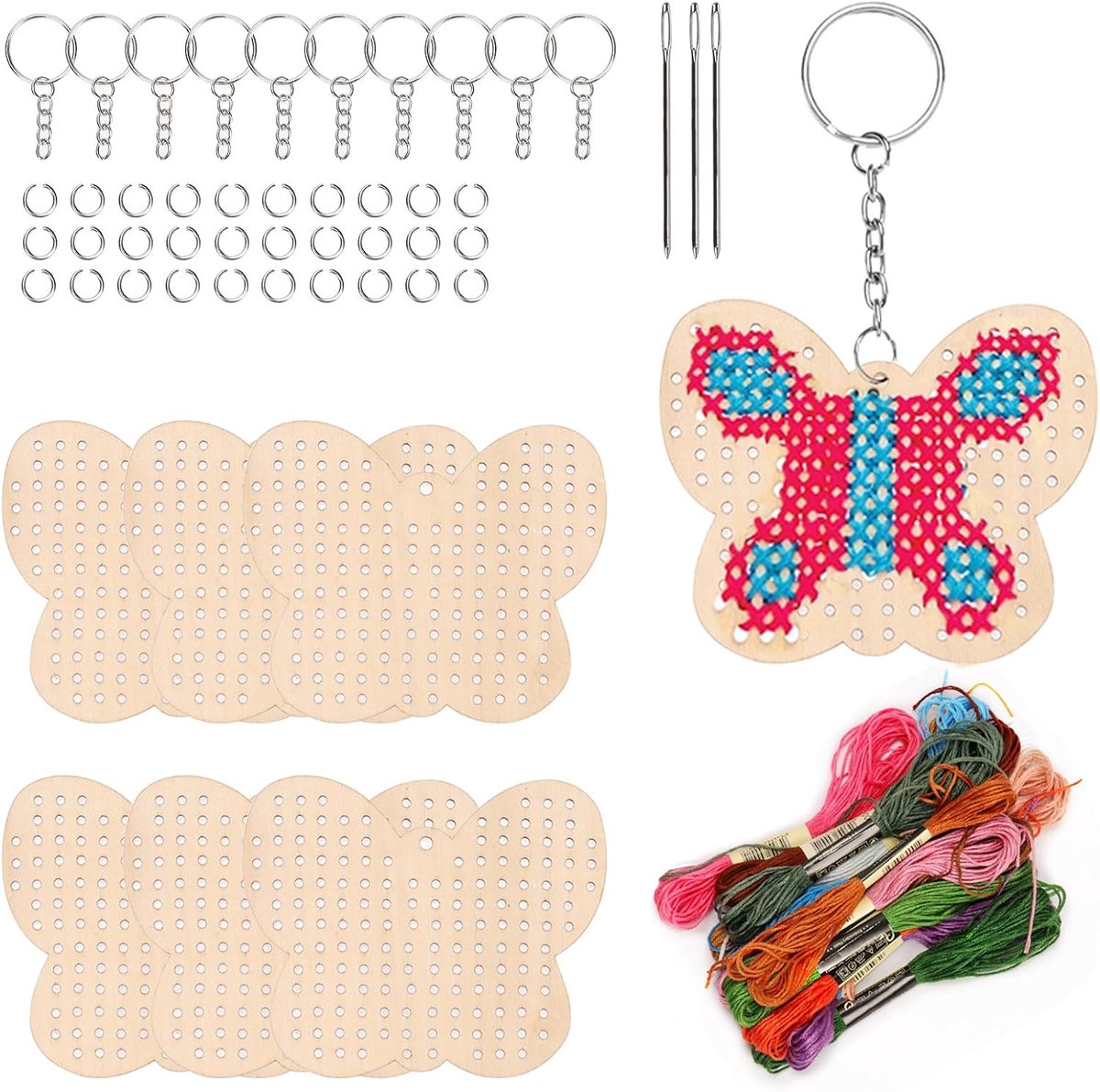 64 stuks vlindervormige houten kruissteek met sleutelhanger, springring, draad en naalden assortimentskit, houten naaiset voor beginners, knutselen naald borduurset voor doe-het-zelf