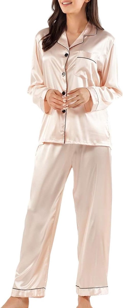Dames pyjama set dames zijden satijnen pyjama set pJ sets lange mouwen nachtkleding loungewear voor alle seizoenen, Groen
