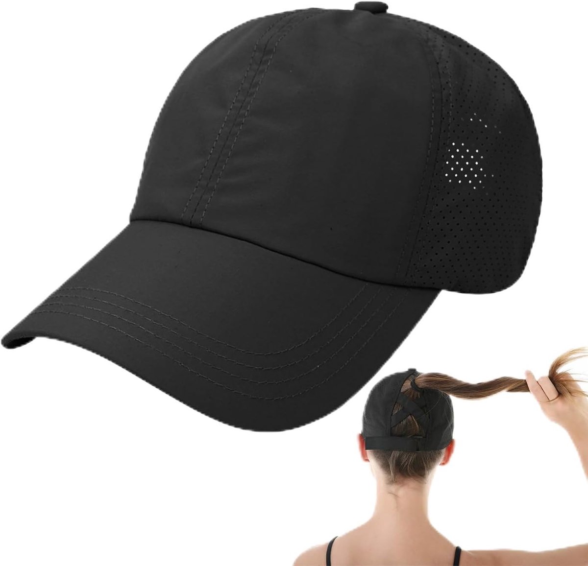 1 stuk damesmuts, hardloopmuts, zwarte baseballpet, mesh-cross-paardenstaartmuts, sneldrogende sportmuts, verstelbare loopmuts, geschikt voor sport, vakantie, reizen
