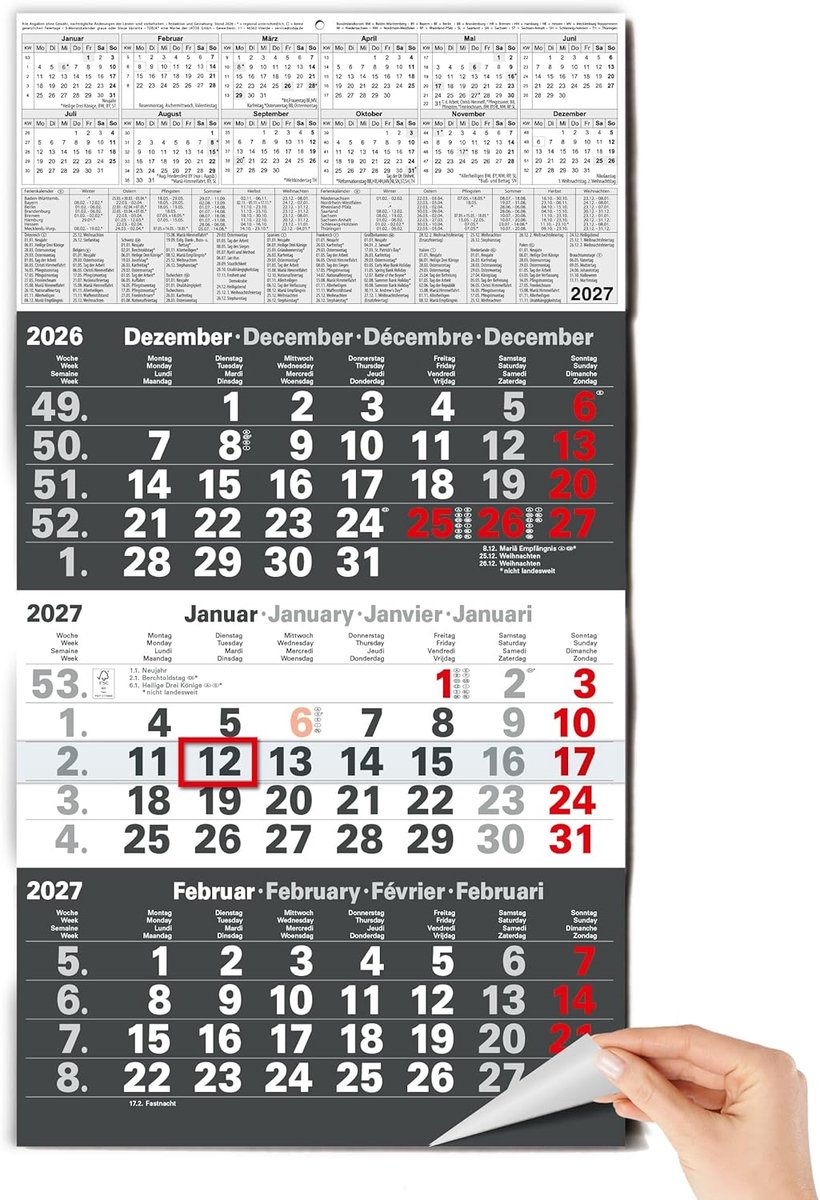 3-maandenkalender 2025, wandkalender met schuiver, antraciet kalender 2025, FSC-gecertificeerd, met schoolvakanties, feestdagen en jaaroverzicht, groot formaat 56 x 30 cm (gevouwen!)