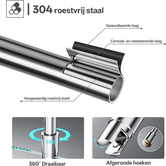 stabilisatiestang 564 mm, chroom - 304 roestvrij staal, plafond-glas montage, geschikt voor glas van 6-10 mm — afbeelding 2