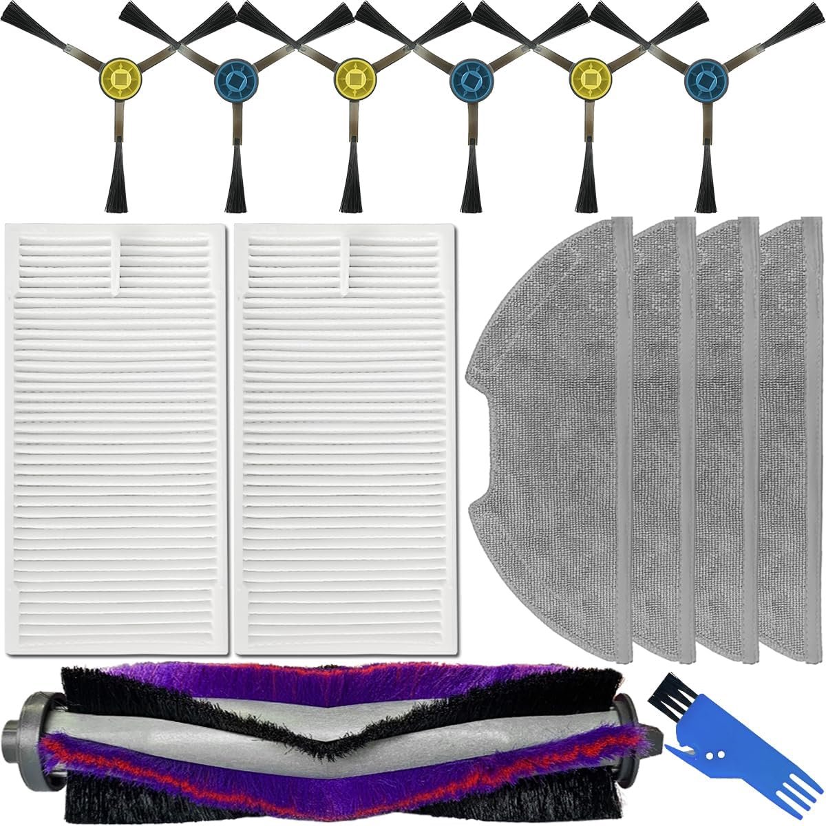 Set Replacement for Eureka NERE10s E10S, for Midea M9, for Obode A8, A8 Plus Robot Vacuum Cleaner Parts, 1 x Main Brush, 6 x Side Brushes, 4 x Mop Pads, 2 x HEPA Filters (13 Pcs)