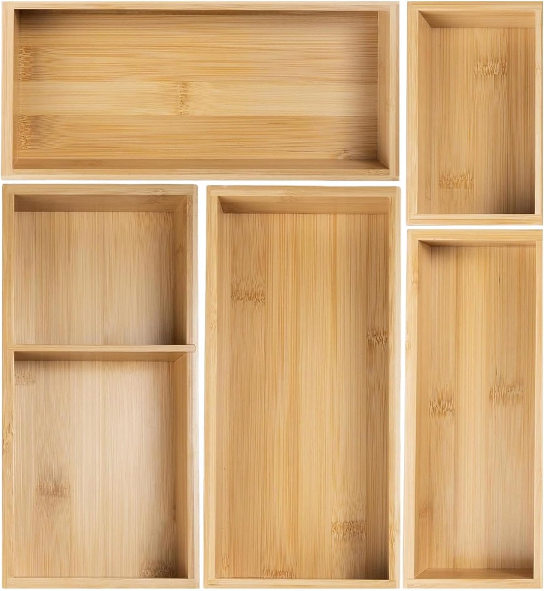 Bamboe lade organizer set, 5 stuks multifunctionele individuele opbergorganizer, rommel lade verdeler en opbergbakken containers voor keuken, badkamer, kantoor, make-up, sieraden