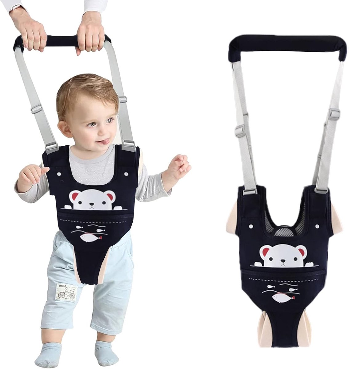 Verstelbare Baby Wandelen Harnas Handvat met Afneembaar Kruis Baby Loophulp Staan lopen leren Helper Wandelaar Veiligheidslijn voor Babywandelaars van 9-24 Maanden (Donkerblauwe Beer)