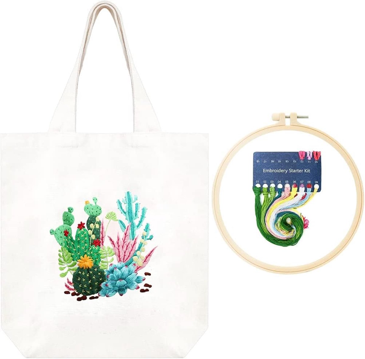 Tas Borduurset, DIY Set, Volwassenen, Kruissteekset met Bloemmotief, Knutselstarterset met Borduurtas, Borduurlijst, Kleurdraden en Instructies voor Volwassenen, Beginners