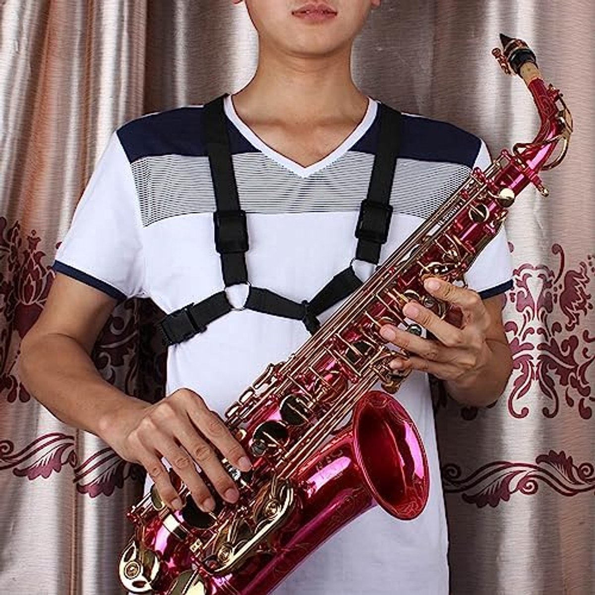 Sax Saxofoon Borst Schouderriem Harnas met RVS Kraag voor Drukverlichting van de Wervelkolom