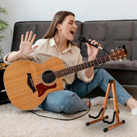 Gitaarstandaard van echt hout, akoestische gitaren, elektrische gitaren, bas, cello, banjo, mandoline, ukelele - ideaal voor muzikanten, studio en thuis (donkere houtnerf) — afbeelding 5