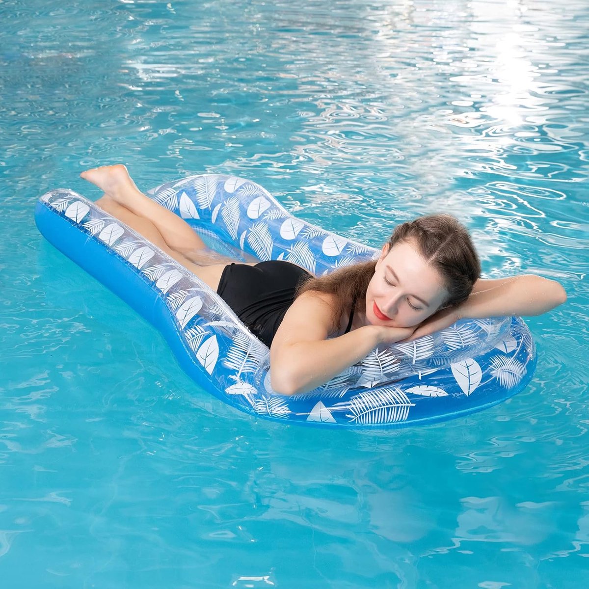 Luchtmatras, zwembadhangmat met mesh, opblaasbare waterhangmat, luchtmatras met net en hoofdsteun, opblaasbare ligstoel, waterbed, drijvende loungestoel, zwembadspeelgoed