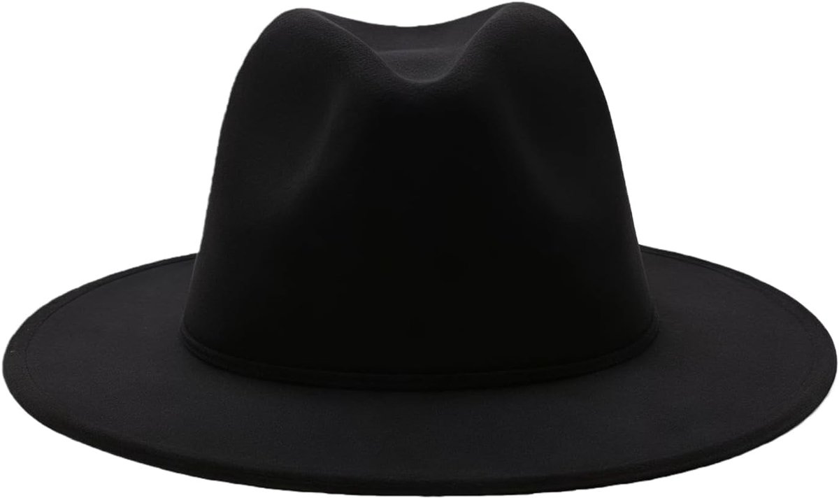 Mode Klassieke Zwarte Wolmix Fedora Hoed Brede Rand Platte Kerk Derby Cap Jazz Gentlemans Platte Hoed Panama Hoed Voor Mannen Vrouwen Bruiloft Party Talent Show Prestaties, Zwart, M