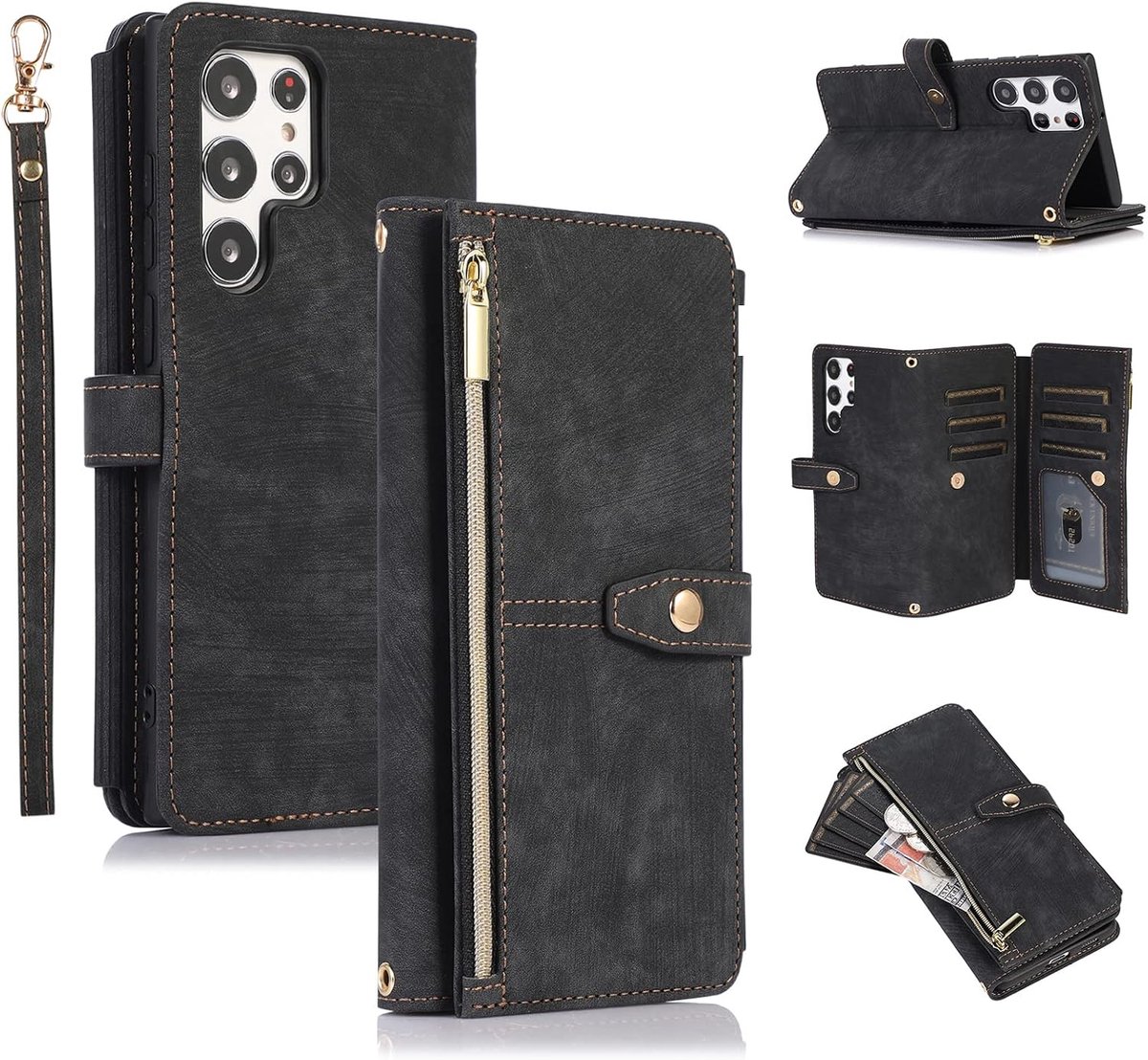 Beschermhoes voor Samsung Galaxy S22 Ultra 5G, portefeuille, PU-leer, retrostijl, schokbestendig, met handlus, kaartvakken, standfunctie, magneetsluiting, vintage zwart