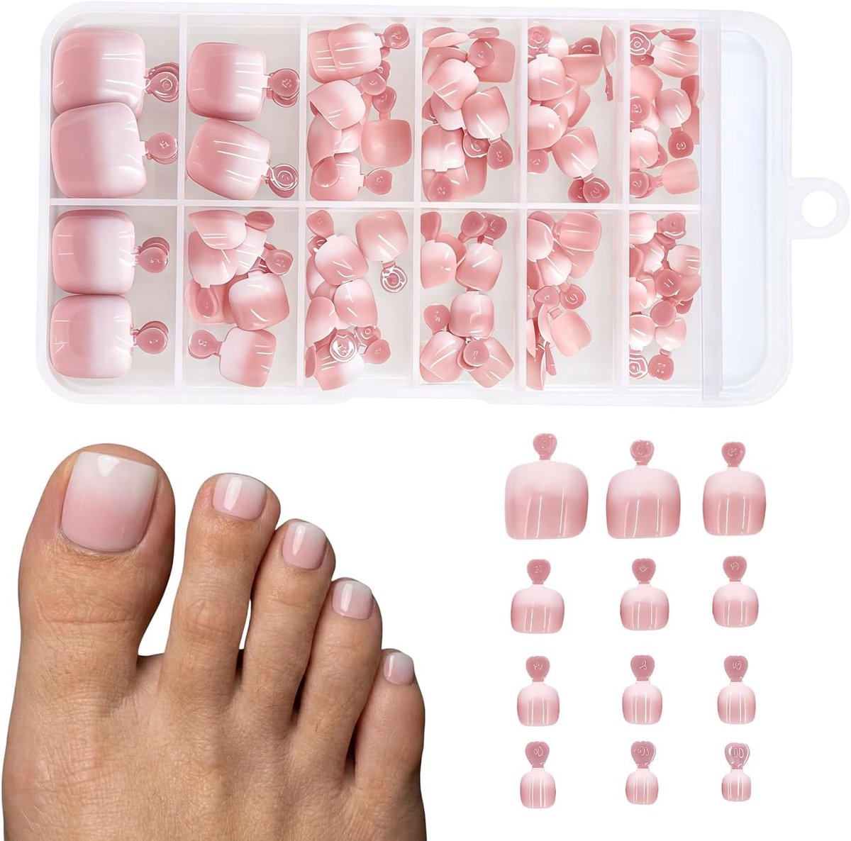 120 Stuks Kunstnagels Tenen - 12 Maten Gradient Roze Press on Toe Nails - Plaknagels voor Tenen voor Dames Dagelijks Gebruik en Vakantie