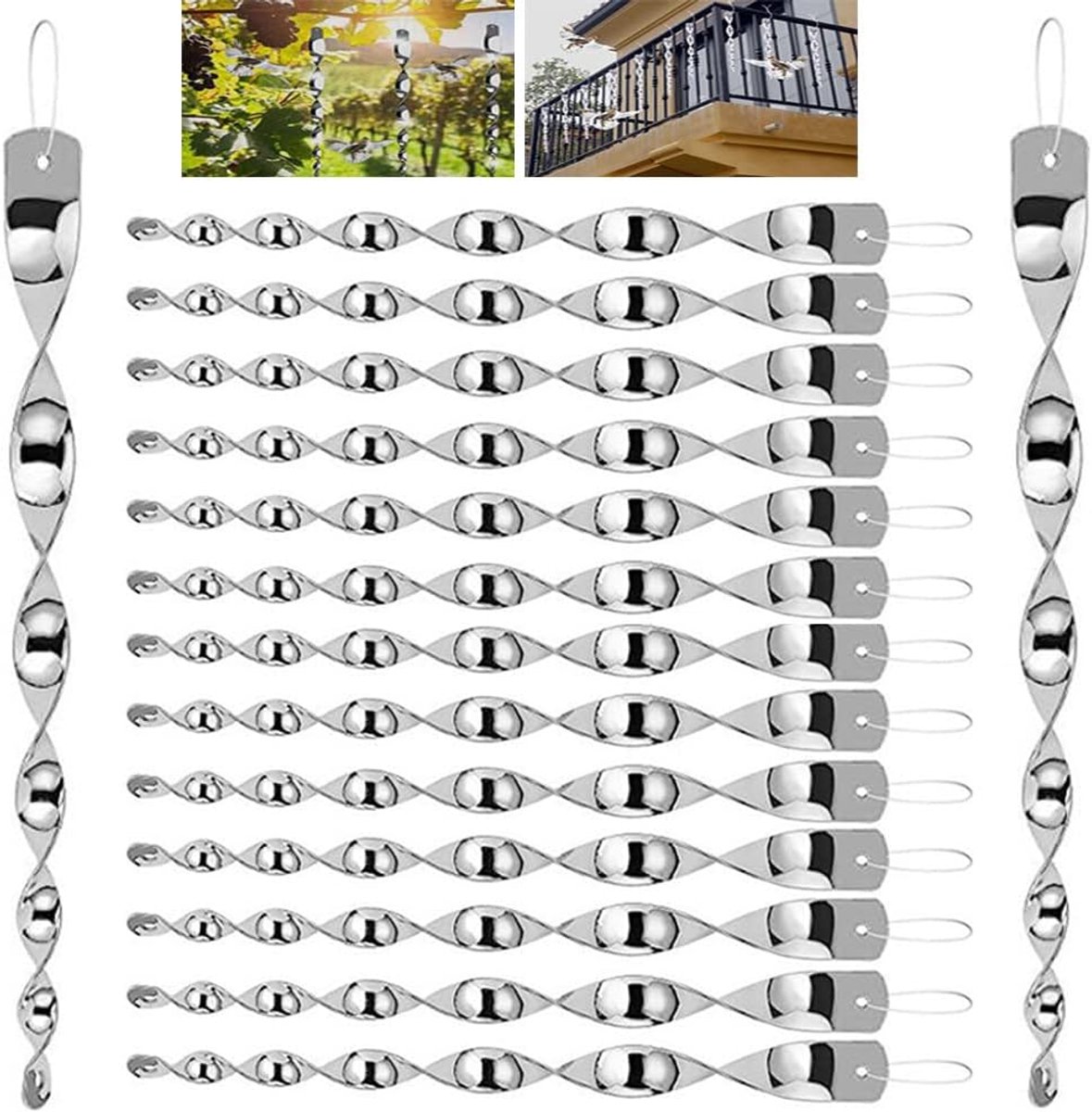 24 stuks reflecterende vogelverschrikkers, reflecterende windspiraal, vogelafweerstangen, voor vogelafweer, tuindecoratie voor balkon en tuin, zilverkleurig