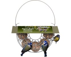 Jayne® Suet Ball Basket - grote capaciteit voor 6 vetballen voor wilde vogels - hangende vogelvoederbak voor zuigballen - vogelvoeder met schuin dak ter bescherming van de vetballen van vogels