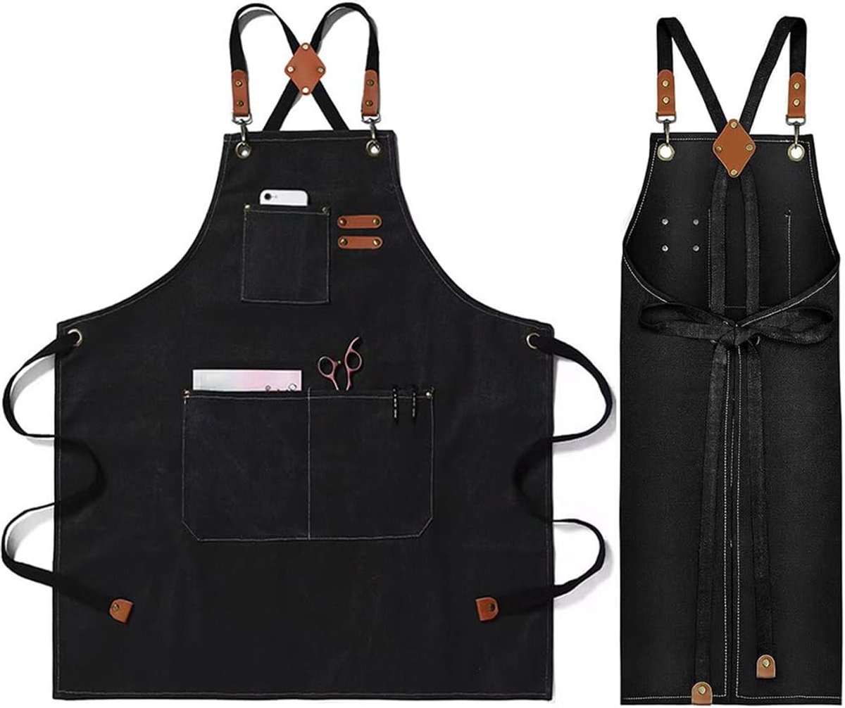 Werkschort van Linnen - Jeans Schort voor Dames en Heren met Meerdere Zakken, Verstelbaar, voor Barbecue, Koken, Bakken, Keuken, Café, Zwart, 400g, 75x