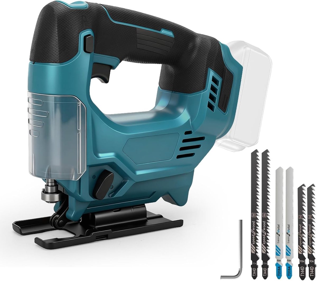 compatibel met Makita 18V accu's, borstelloze decoupeerzaag, 26 mm hefhoogte 45° schuine sneden, 3 pendelslagniveaus, 6 zaagbladen voor hout, metaal en kunststof (zonder accu)