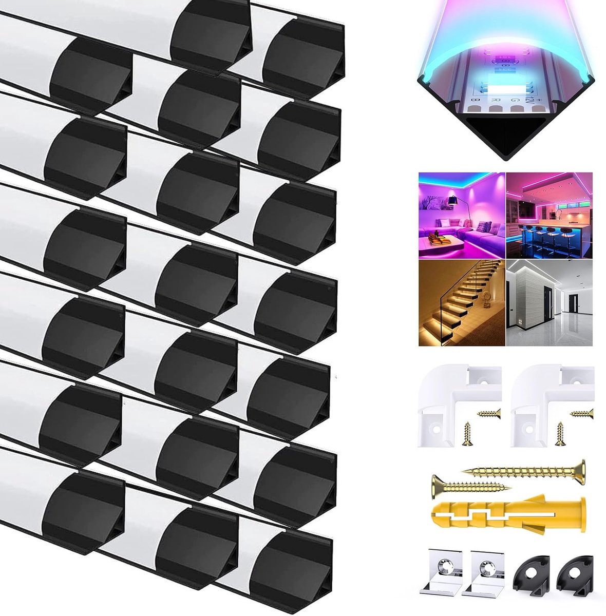 20 stuks LED aluminium profiel zwarte V-vorm, 6 stuks kanaal zwart profiel hoekprofiel met melkwitte afdekking, eindkappen, montageclips en 45 graden hoekverbindingen voor LED-strips rail diffuser